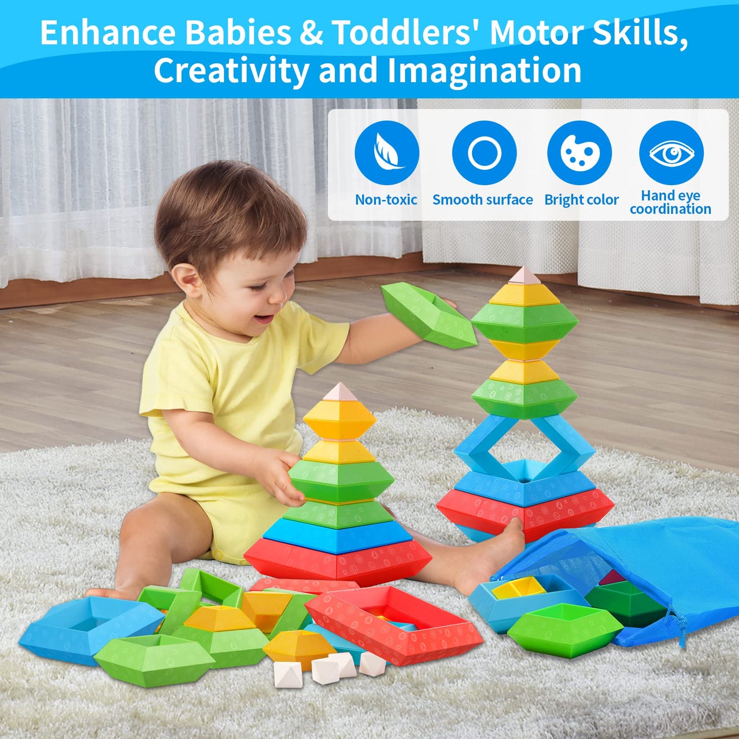 Hieoby Montessori Toys for Toddlers 1–4 | 30 PCS Building Blocks for Stacking & STEM Learning | Educational Sensory Gift for Boys & Girls