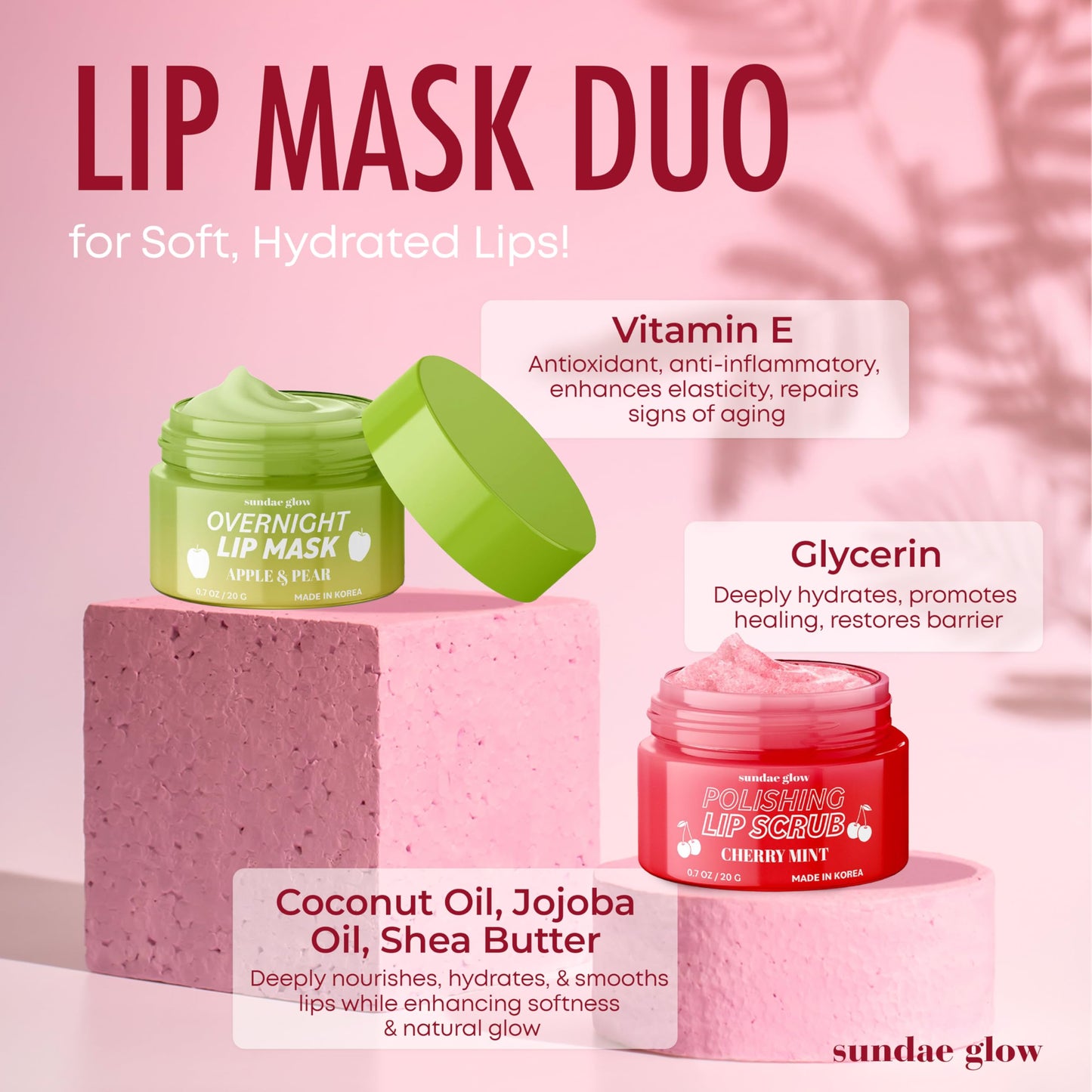Sundae Glow Lip Mask & Scrub - Apple, Pear, Cherry & Mint - Hydrates, Exfoliates, Softens, Repairs Dry & Chapped Lips - Dermatologist Tested, Korean