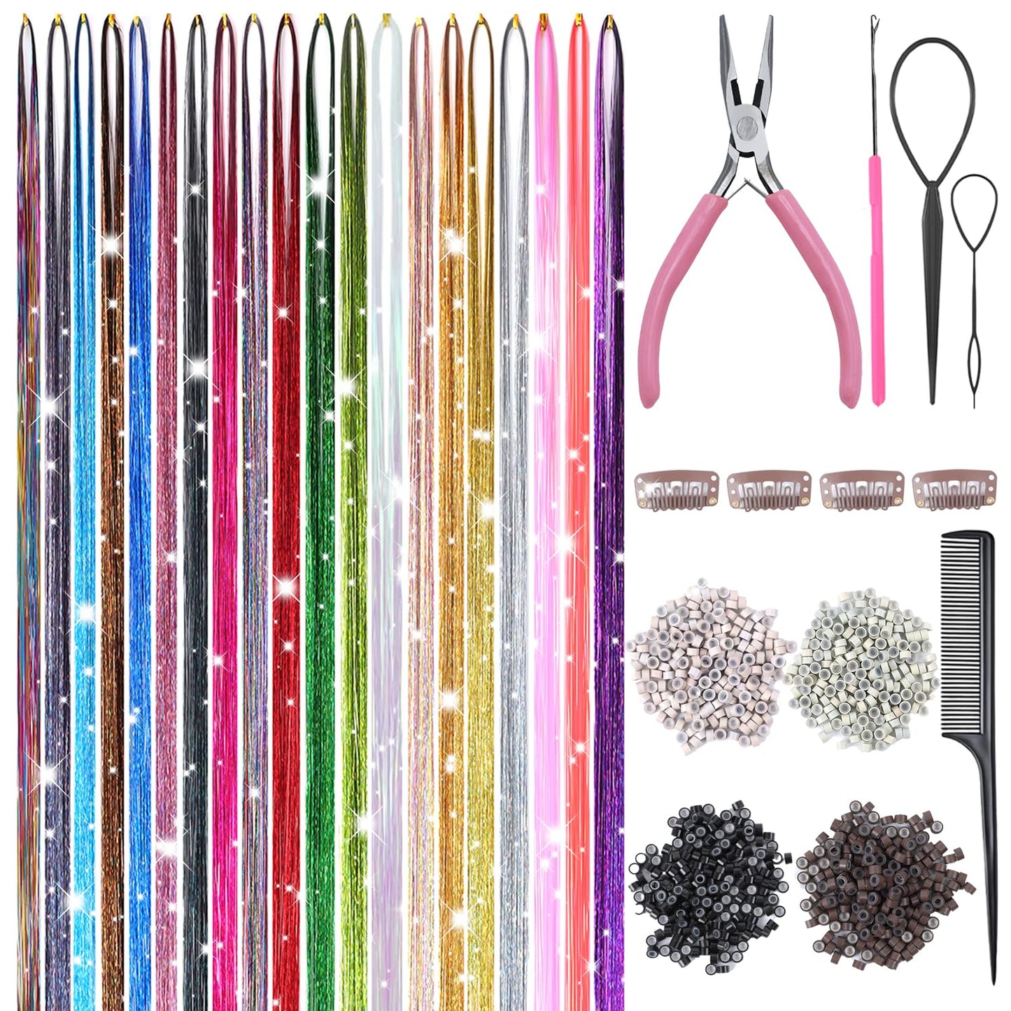 Hair Tinsel - 20 Colors Hair Tinsel Kit - 8000 Strands 48 Inch Glitter Tinsel Hair Extensions with Tools - Heat Resistant Sparkling Fairy Hair Beauty and Personal Care Bintvoy Default Title