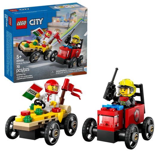LEGO City Pizza vs. Fire Truck Race Car Pack 60458, Building Toy for Kids Ages 5+, Includes Chef & Firefighter Minifigures, Gift Idea