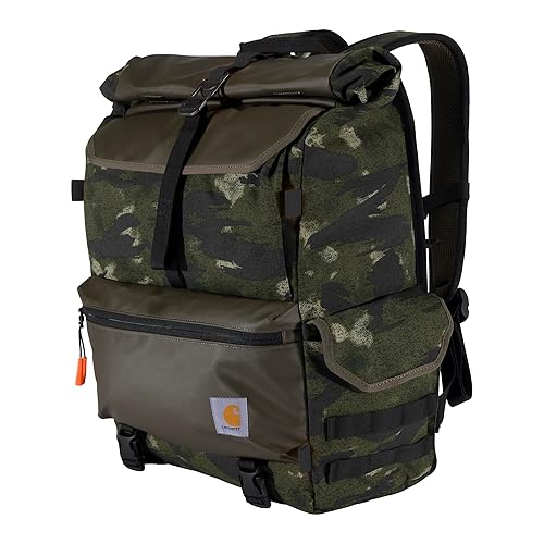 Carhartt 40L Nylon Roll Top Backpack, Heavy-Duty Water-Resistant Material W/ 17" Laptop Sleeve, Blind Fatigue Camo