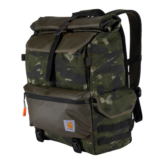 Carhartt 40L Nylon Roll Top Backpack, Heavy-Duty Water-Resistant Material W/ 17" Laptop Sleeve, Blind Fatigue Camo