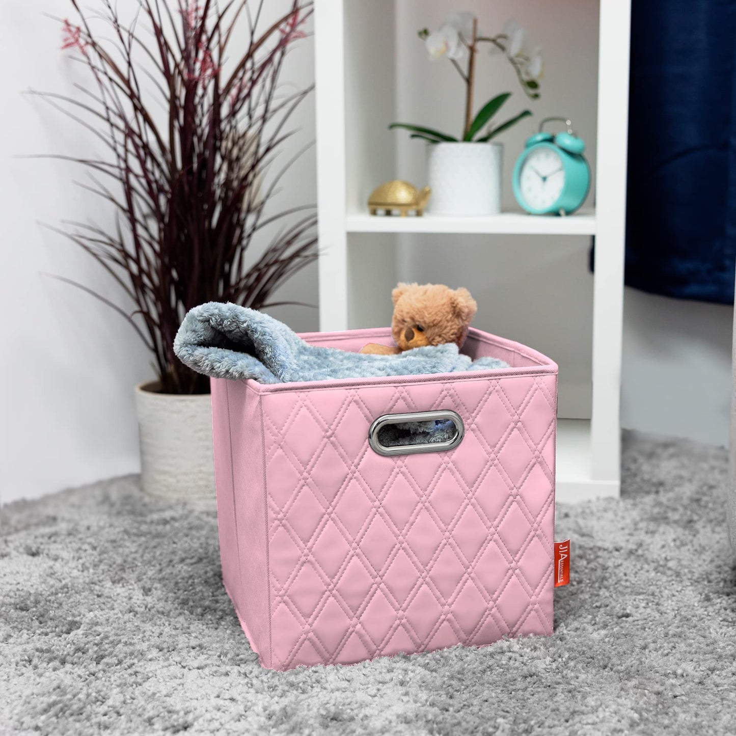 JIAessentials Small 11-inch Foldable Diamond Patterned Faux Leather Storage Cube Bins Set of Four with Handles with Dual Handles for living room…