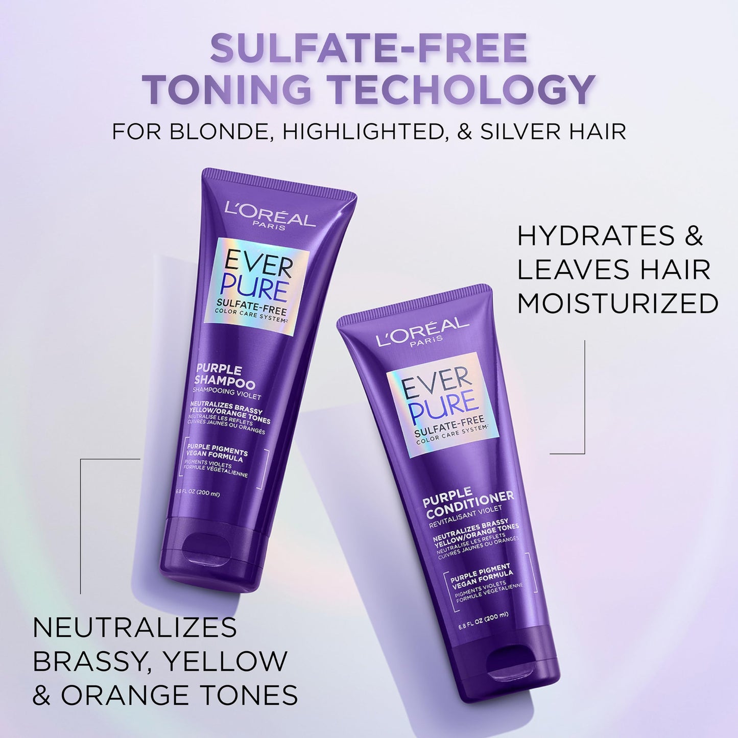 L’Oreal Paris Sulfate Free Brass Toning Purple Shampoo for Blonde, Bleached, Silver, or Brown Highlighted Hair, EverPure, 23 Fl Oz