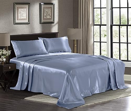 Pure Bedding Satin Sheets Full [4-Piece, SkyBlue] Hotel Luxury Silky Bed Sheets - Extra Soft 1800 Microfiber Sheet Set, Wrinkle, Fade, Deep Pocket