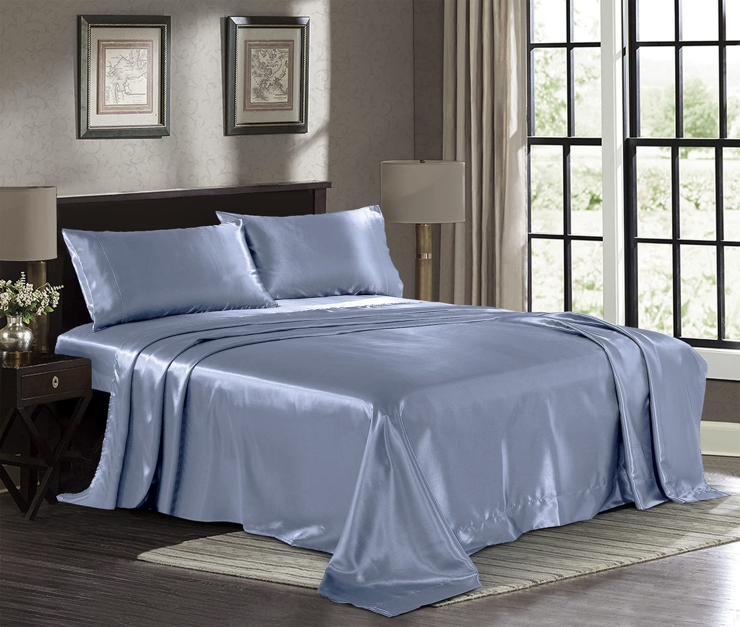 Pure Bedding Satin Sheets Full [4-Piece, SkyBlue] Hotel Luxury Silky Bed Sheets - Extra Soft 1800 Microfiber Sheet Set, Wrinkle, Fade, Deep Pocket
