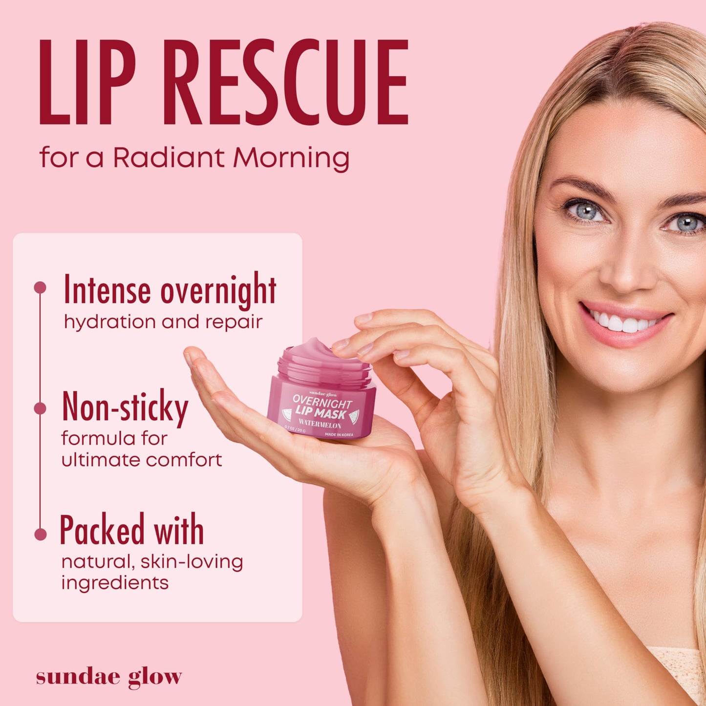 Sundae Glow Lip Mask with Watermelon - Overnight Lip Repair, Intense Hydration & Smoothing - Dermatologist Tested, Korean Skin Care - 95% Natural