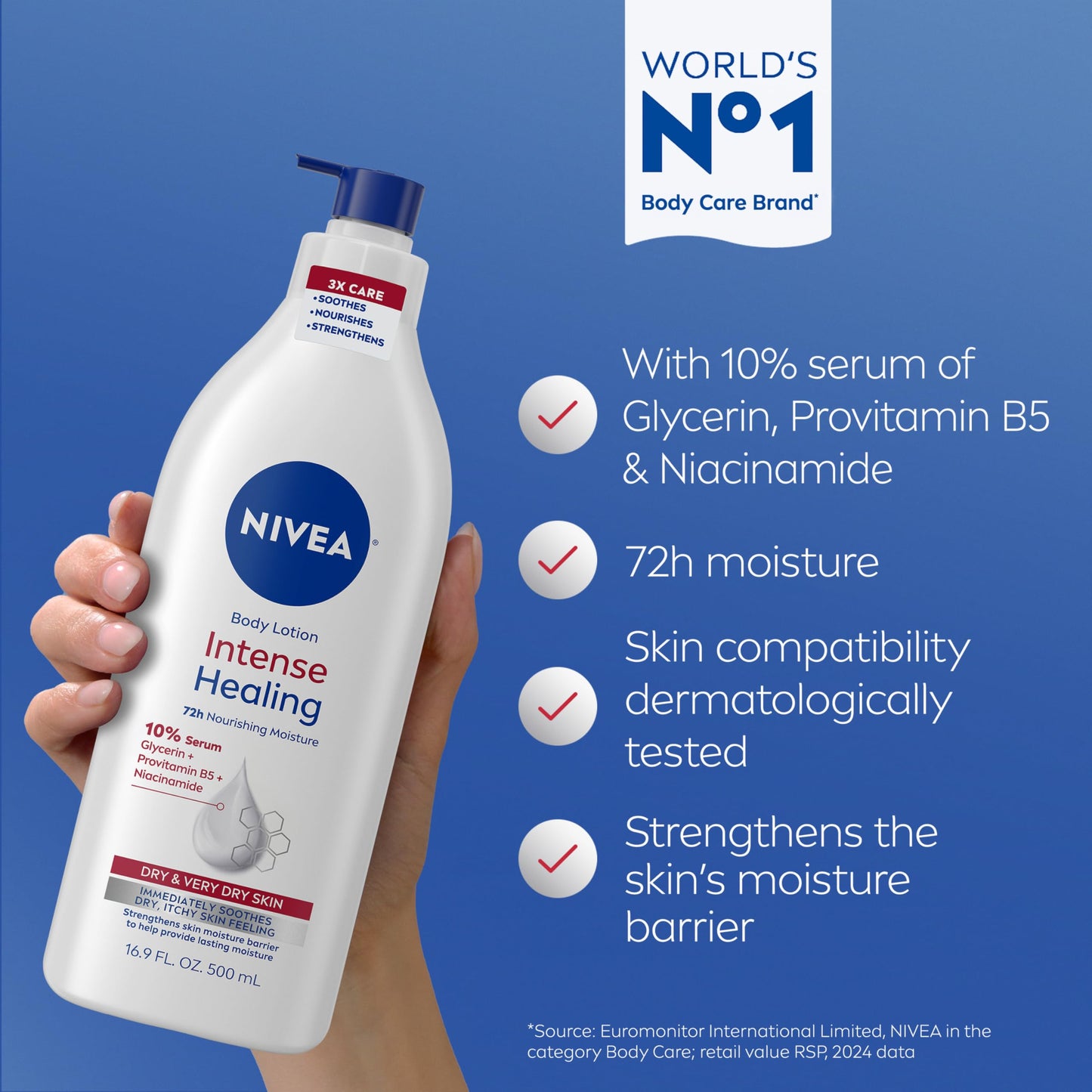 NIVEA Intense Healing Body Lotion for Very Dry, Itchy Skin with Glycerin, Provitamin B5 and Niacinamide, 72-Hour Body Moisturizer, 16.9 Fl Oz Pump