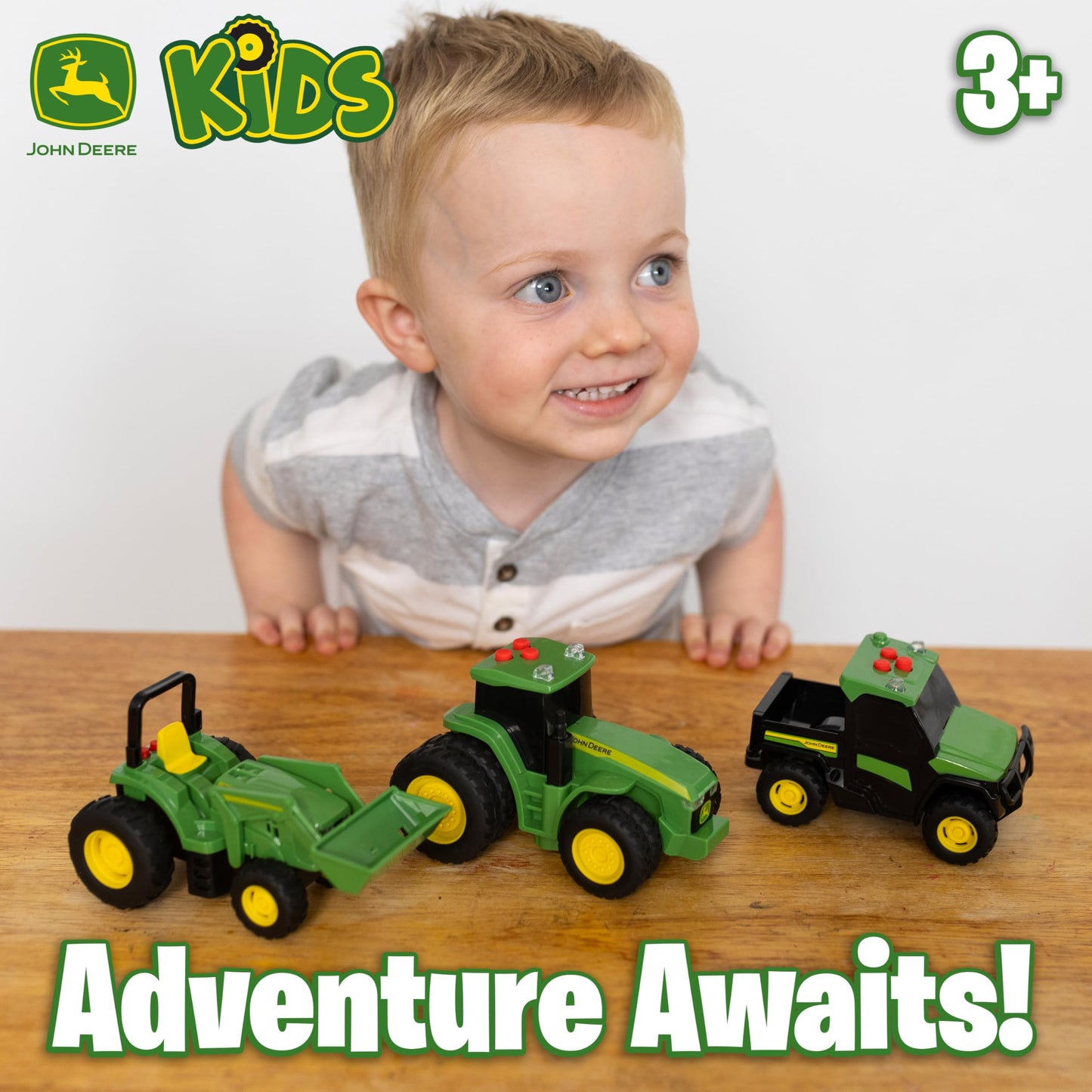 John Deere 3-Pack Set Lights and Sound Realistic 5" Farm Vehicles, 7R Series Tractor, 6105M Tractor and Gator