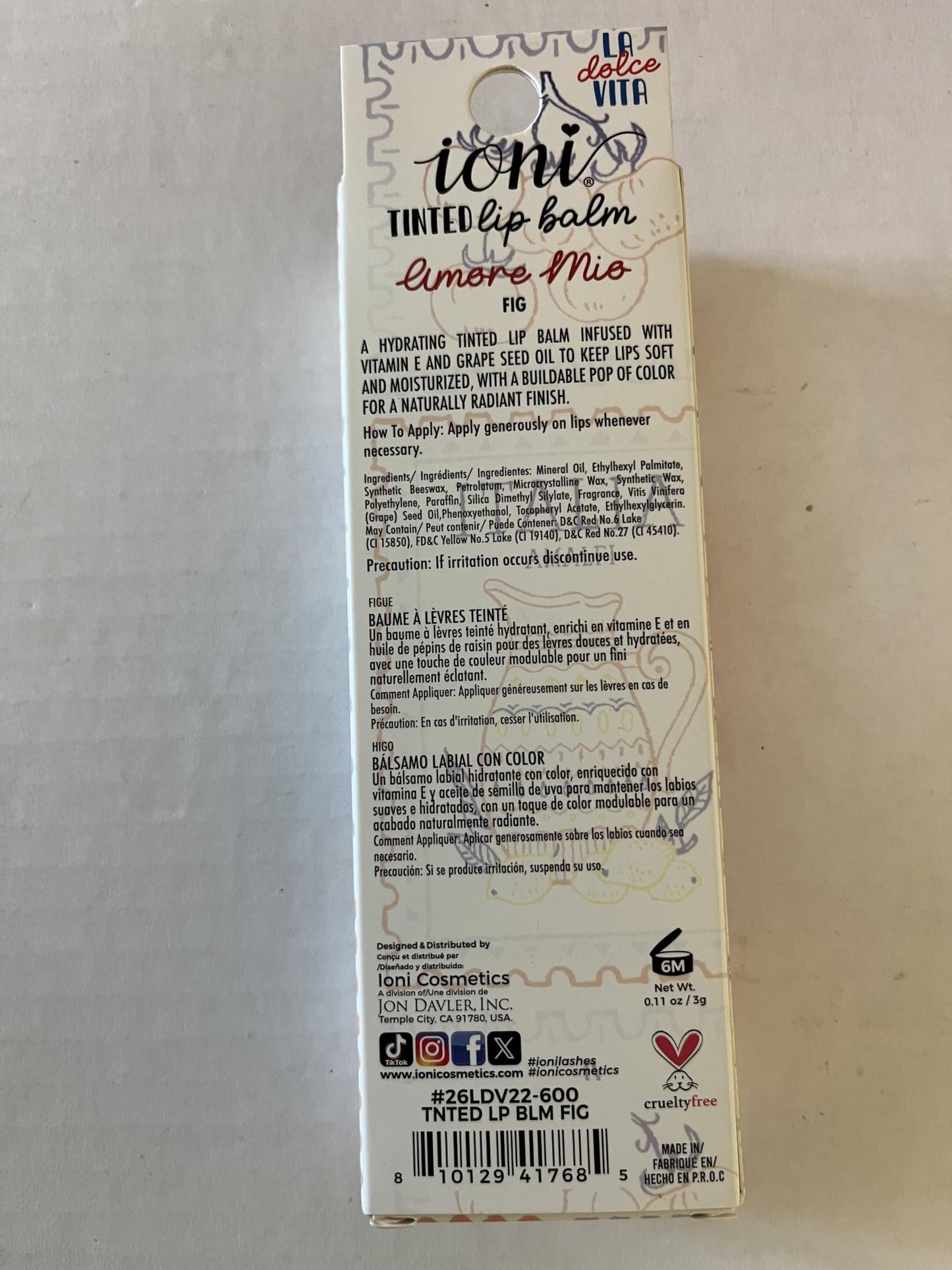 Ioni Tinted Lip Balm, Hydrating Lip Color, Vitamin E and Grape Seed, Vegan, Paraben Free