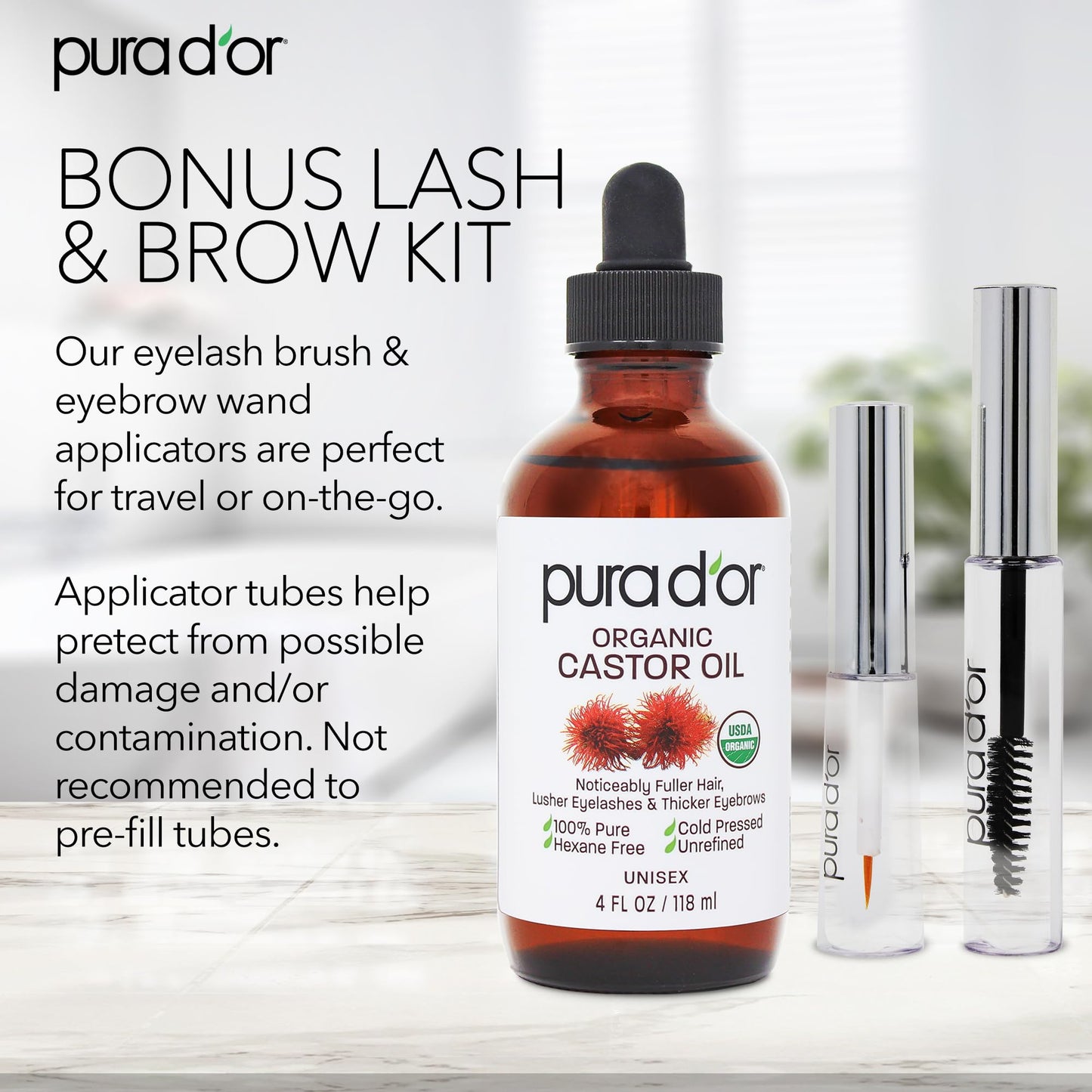 PURA D'OR 4 Oz ORGANIC Castor Oil - w/ 2 BONUS Empty Brushes - 100% Pure USDA Certified Cold Pressed, Hexane Free Eyelash & Eyebrow Serum