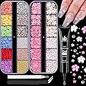 3D Flowers Nail Charms and Gems with Nail Rhinestone Glue Gel, Cute Colorful Acrylic 3D Flowers for Nails with Caviar Beads, Rhinestones for Nails