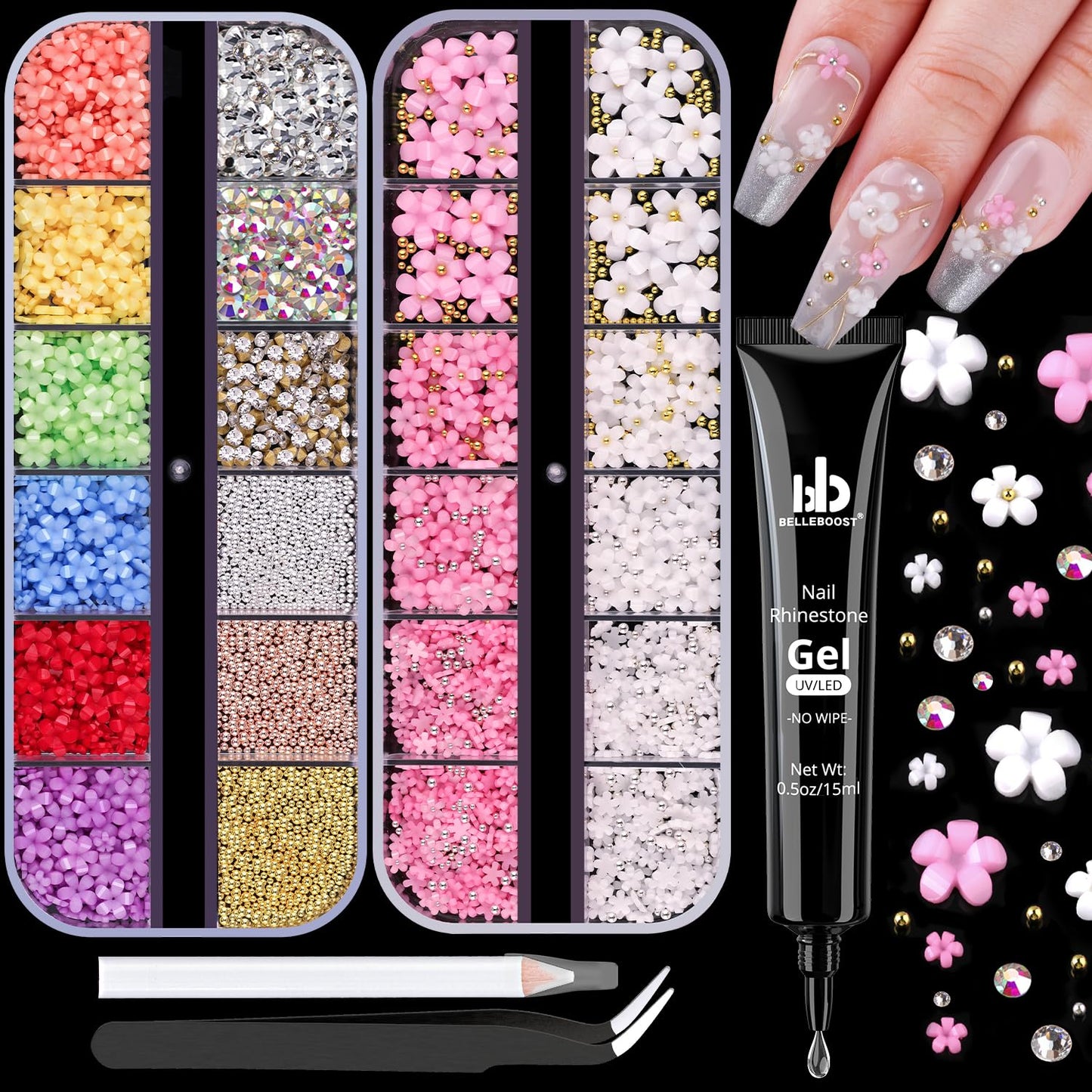 3D Flowers Nail Charms and Gems with Nail Rhinestone Glue Gel, Cute Colorful Acrylic 3D Flowers for Nails with Caviar Beads, Rhinestones for Nails