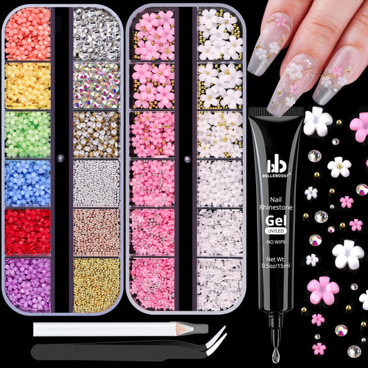 3D Flowers Nail Charms and Gems with Nail Rhinestone Glue Gel, Cute Colorful Acrylic 3D Flowers for Nails with Caviar Beads, Rhinestones for Nails