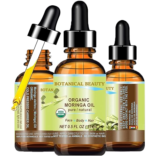Botanical Beauty Organic Moringa Oil 100% Pure Natural Undiluted 0.5 Fl.oz.- 15 ml. for Face Skin, Hair, Lips, Body, Nails Rich in Vitamin C, Vitamin