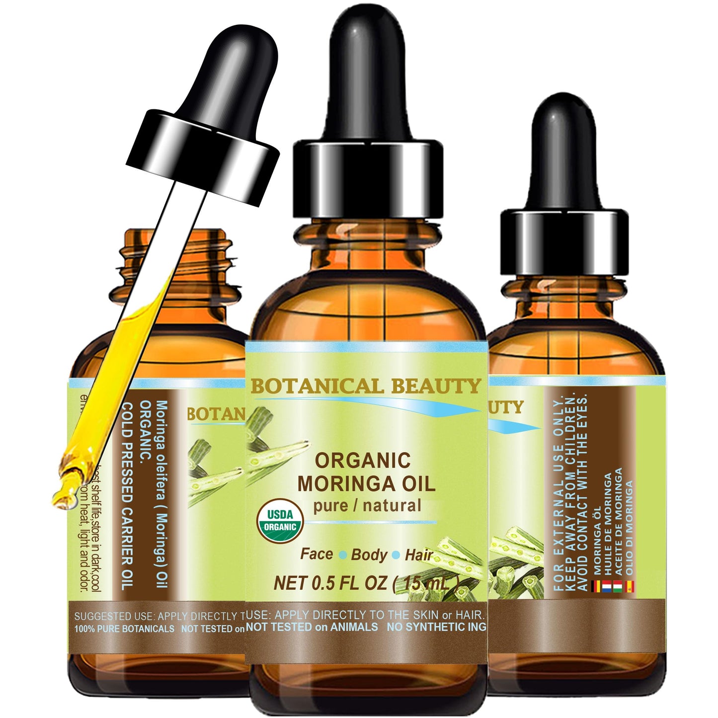 Botanical Beauty Organic Moringa Oil 100% Pure Natural Undiluted 0.5 Fl.oz.- 15 ml. for Face Skin, Hair, Lips, Body, Nails Rich in Vitamin C, Vitamin