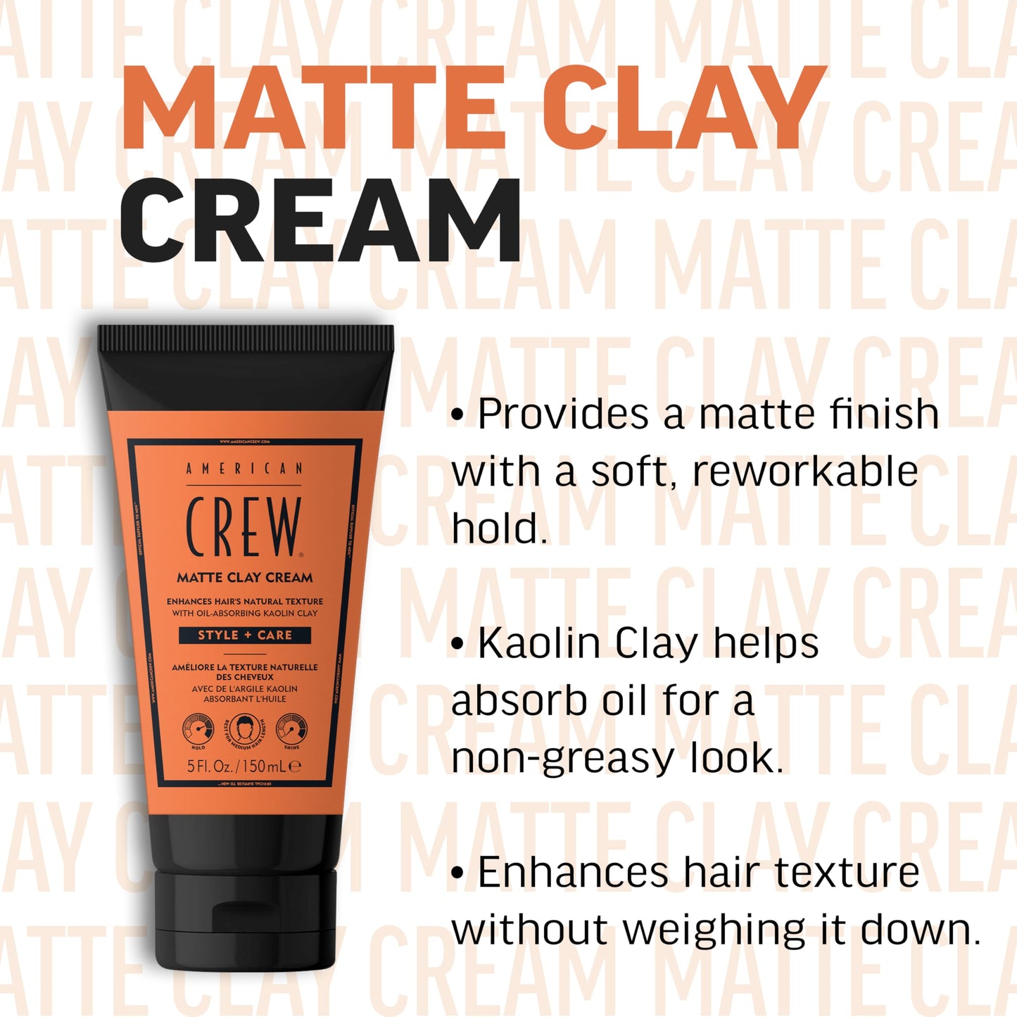AMERICAN CREW Matte Clay Cream, Thickening & Defining Hair Clay with Kaolin Clay & Coconut Oil, Medium Hold Matte Finish for Fine & Straight Hair, 5