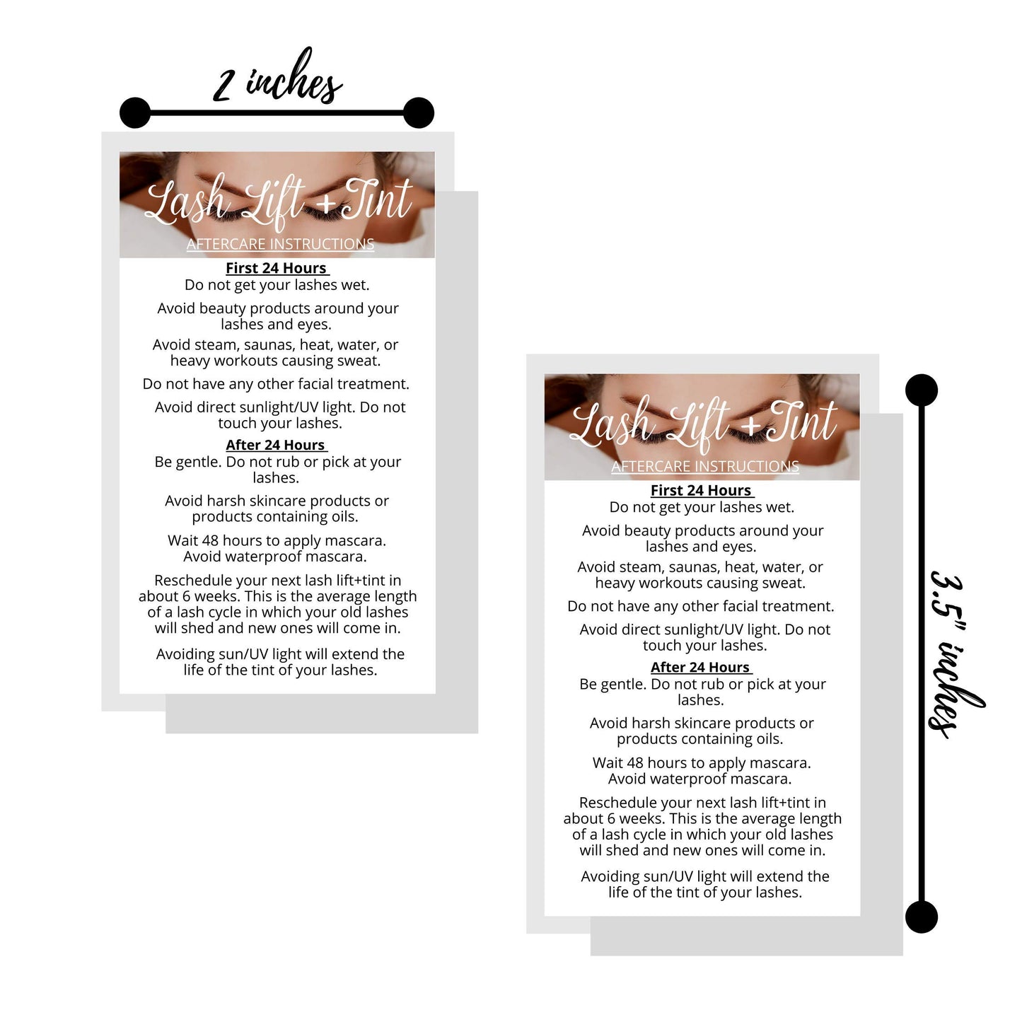 Lash Lift + Tint Aftercare Instruction Cards | 50 Pack | 2 x 3.5” inches Business Card Single Side | Eyelash Lift and Tint Kit at home diy aftercare