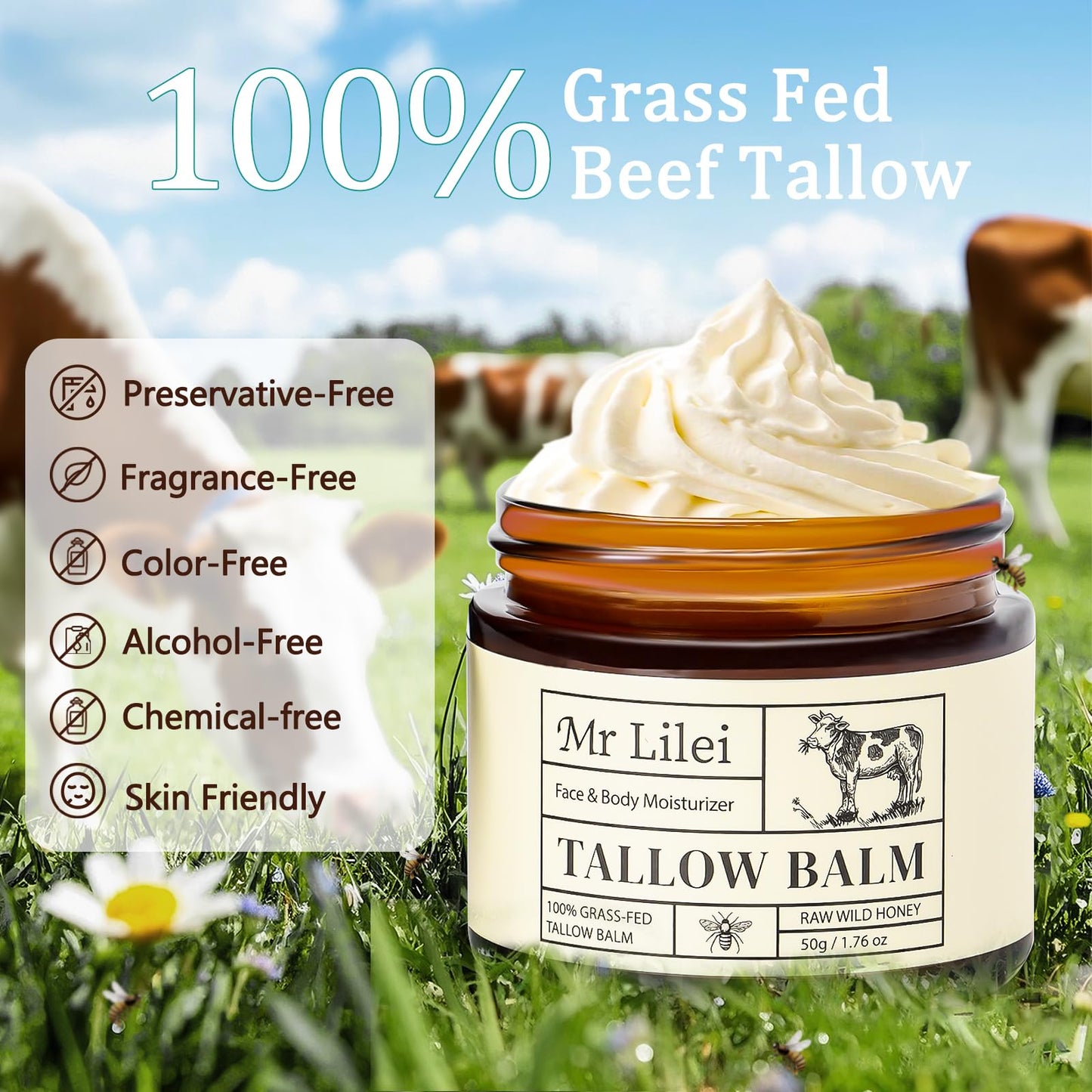 Lilei Beauty Beef Tallow for Skin - 100% Organic Grass-Fed Beef Tallow Balm with Raw Honey, Natural Whipped Face Moisturizer & Body Butter for Dry Beauty and Personal Care Lilei Beauty