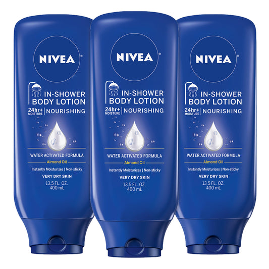 NIVEA Nourishing In Shower Lotion, Water Activated In Shower Moisturizer for Dry to Very Dry Skin, 13.5 FL OZ, Pack of 3