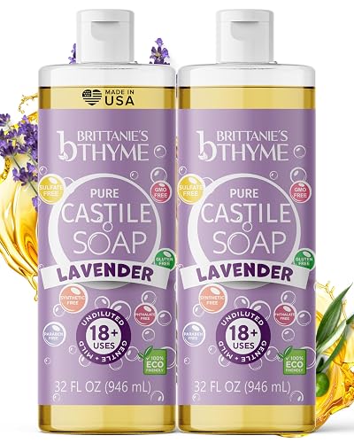 Brittanie’s Pure Castile Liquid Soap Refill, Lavender, 32 Ounce 2 Pack | Dish Soap, Hair & Body, Laundry, Home, Gentle and Pure, Made with Natural