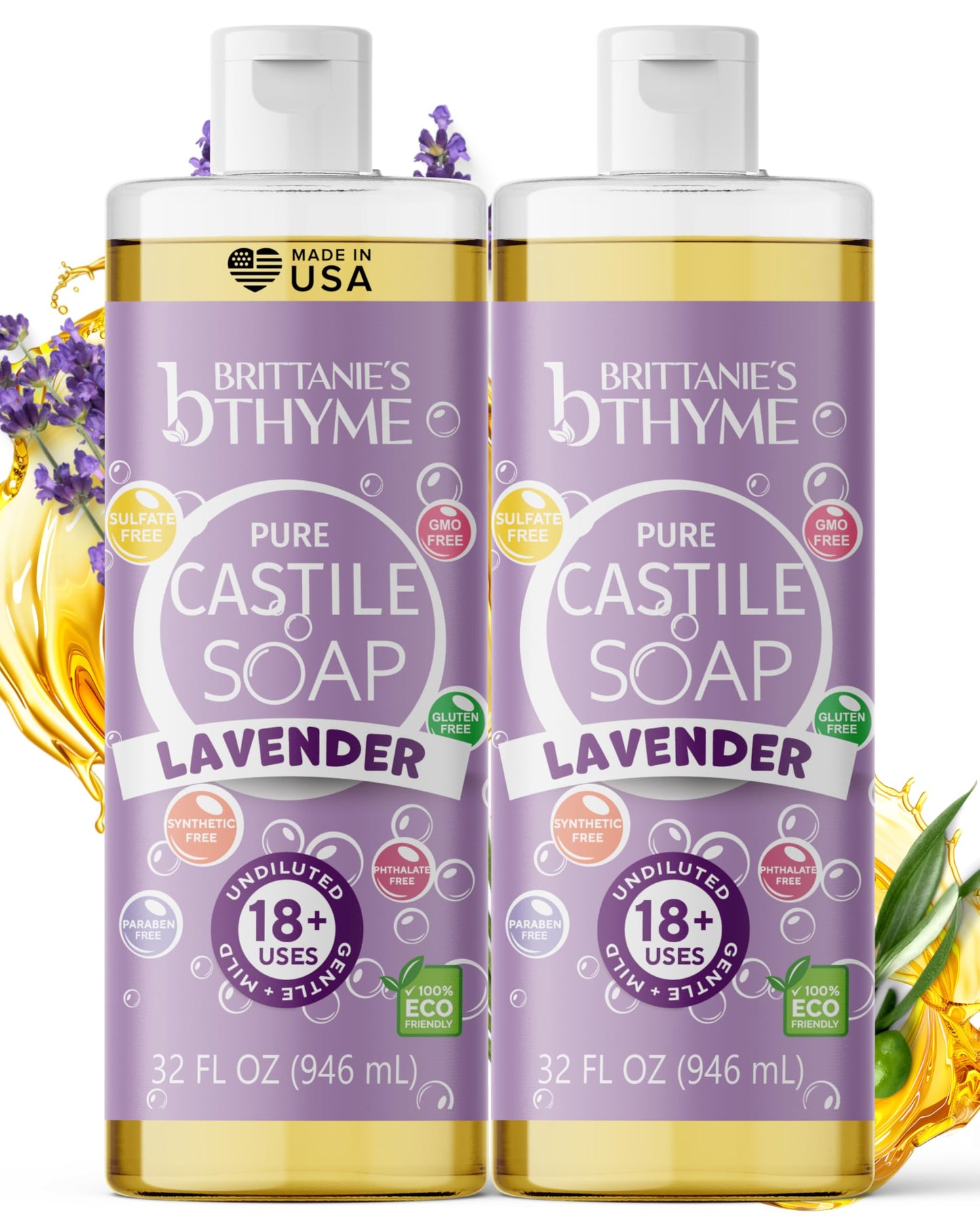 Brittanie’s Pure Castile Liquid Soap Refill, Lavender, 32 Ounce 2 Pack | Dish Soap, Hair & Body, Laundry, Home, Gentle and Pure, Made with Natural