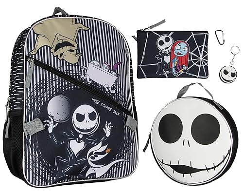 Disney Nightmare Before Christmas Jack Skellington 5 Pc Backpack Set With Lunch Box Pencil Case Carabiner And Keychain