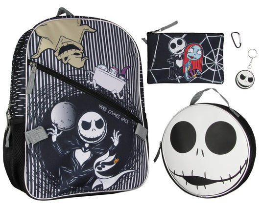 Disney Nightmare Before Christmas Jack Skellington 5 Pc Backpack Set With Lunch Box Pencil Case Carabiner And Keychain