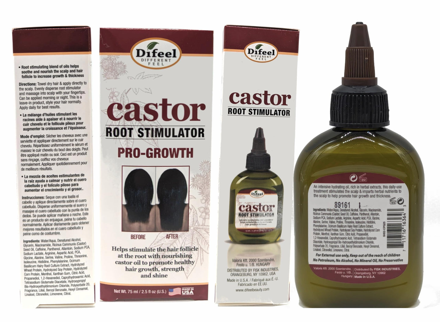 Difeel 3-PC Castor Pro-Growth Hair Growth: Cleansing & Treatment Set - Includes 12 oz Shampoo, 12oz Conditioner, & 2.5oz Root Stimulator