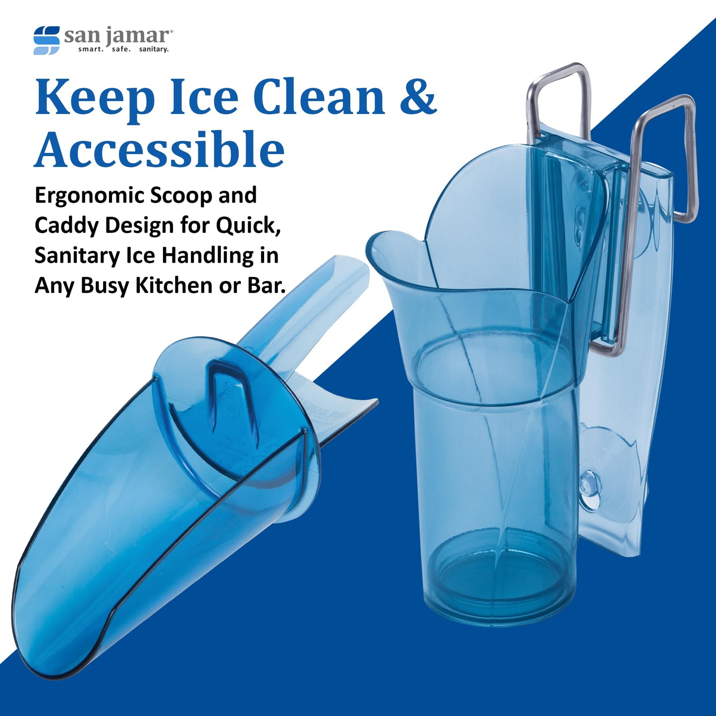 San Jamar Saf-T-Scoop Ice Scoop with Storage Caddy for Kitchens, Restaurants, And Fast Food, Plastic, 20 To 24 Ounces, Blue