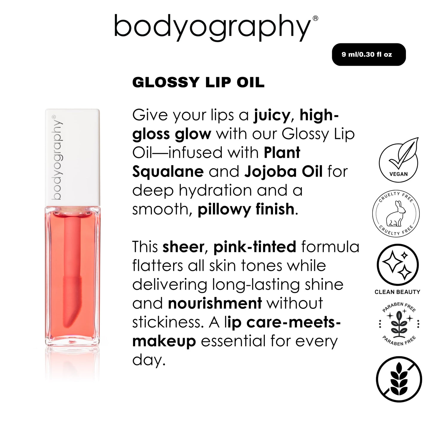 Bodyography Glossy Lip Oil with Plant Squalane & Jojoba | Hydrating Pink Tint Lip Gloss for All Skin Tones | Non-Sticky Vegan Lip Moisturizer with
