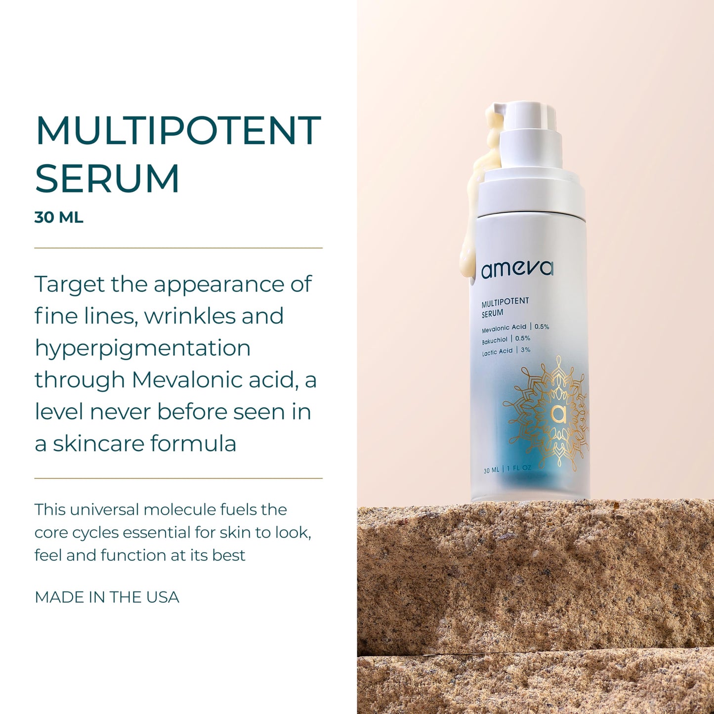 AMEVA Mevalonic Acid Multipotent Serum: Plant-Based, Vegan, Boosts Collagen, Hyaluronic Acid, For Sensitive Skin, Anti-Aging, Velvety Soft, Enhances