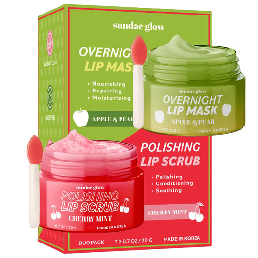 Sundae Glow Lip Mask & Scrub - Apple, Pear, Cherry & Mint - Hydrates, Exfoliates, Softens, Repairs Dry & Chapped Lips - Dermatologist Tested, Korean
