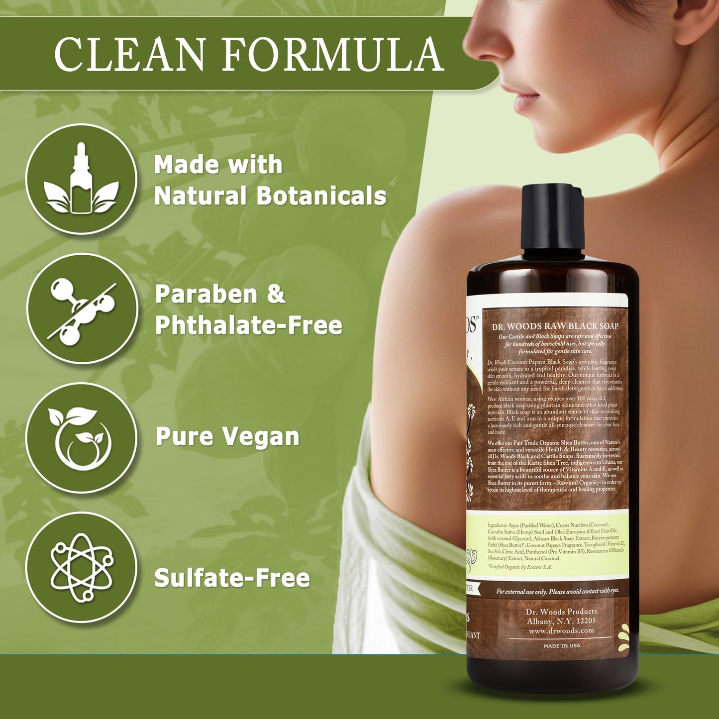 Dr. Woods Raw African Liquid Coconut Papaya Black Soap- Body Wash for Men & Women, Organic Shea Butter, Gentle Exfoliant, Coconut & Papaya Fragrance