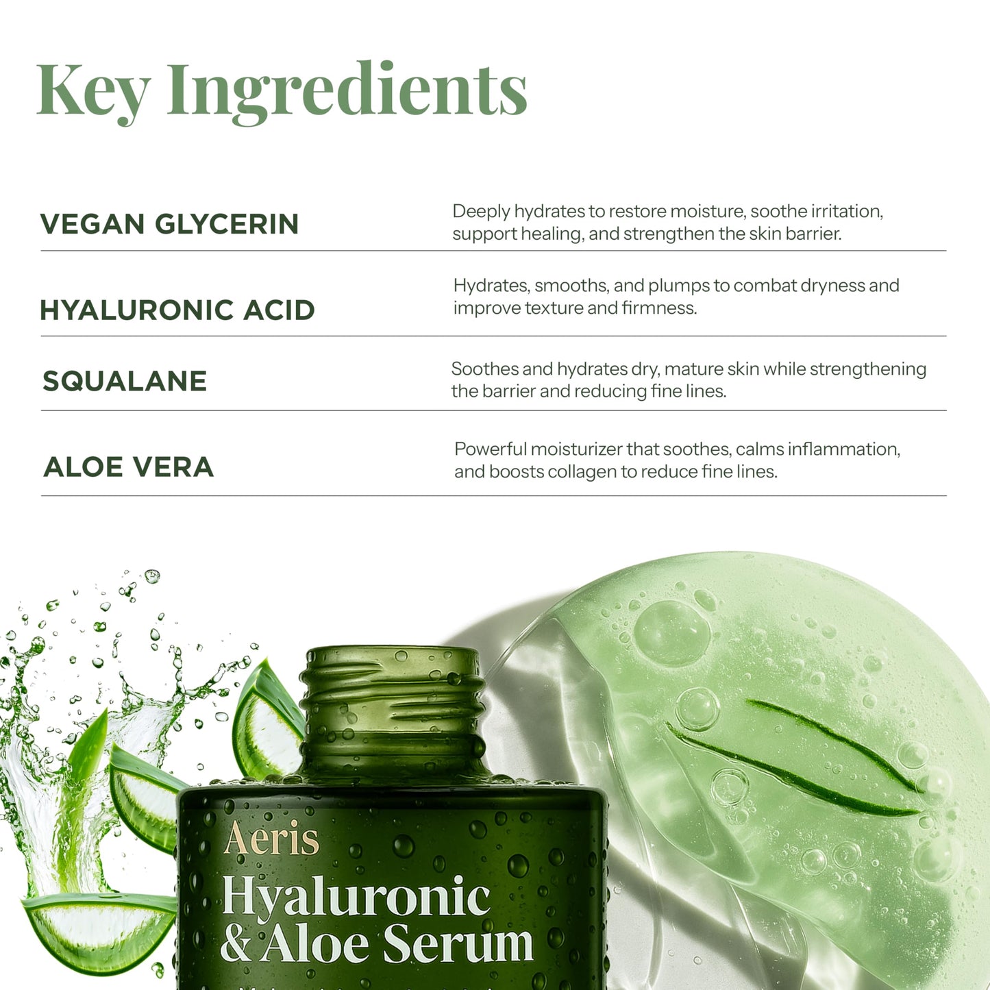 Aeris Hyaluronic Acid Serum for Face with Aloe - Ultra Hydrating & Soothing Formula For Dry, Sensitive Skin - Dermatologist Tested, Anti-Aging, Korean