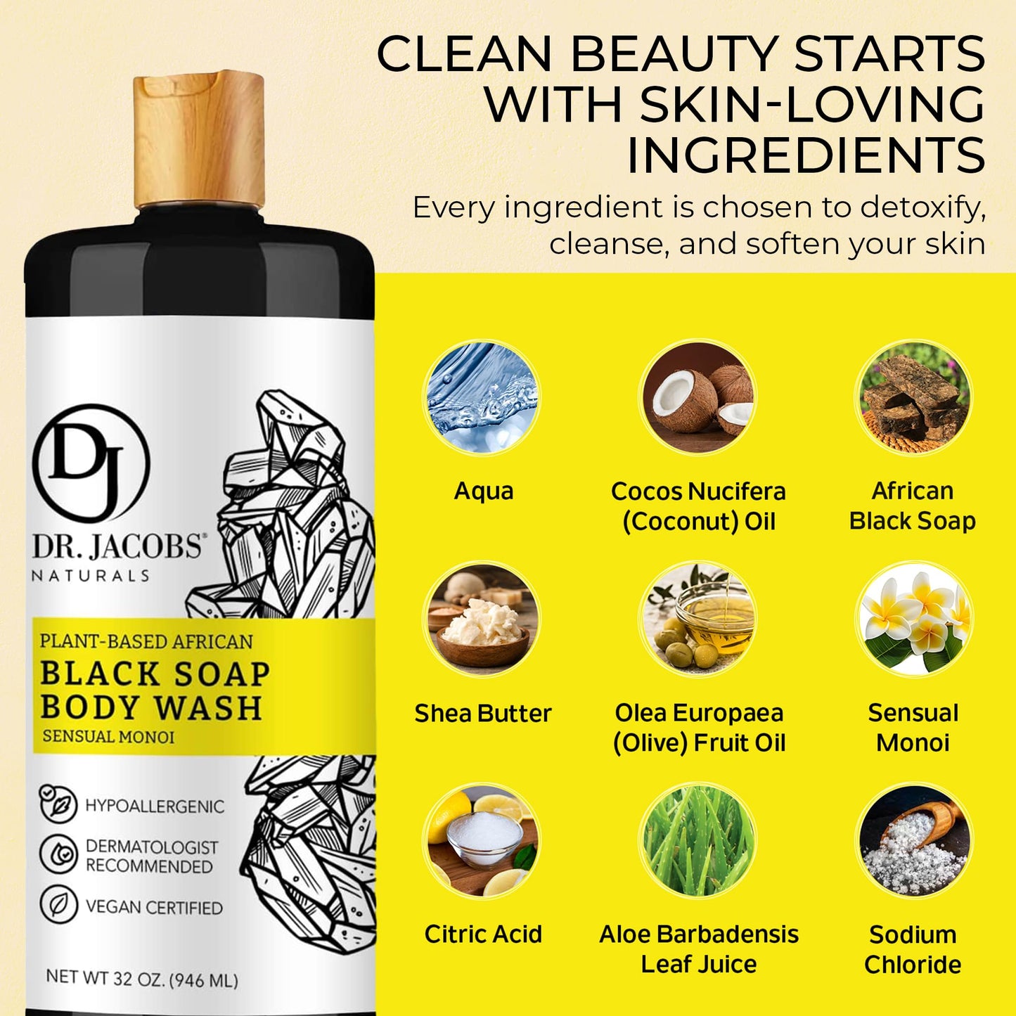 Dr Jacobs Naturals Authentic African Black Liquid Soap with Sensual Monoi Scent | All-In-One Face Wash, Sensitive Skin Body Wash, Shampoo, Shaving