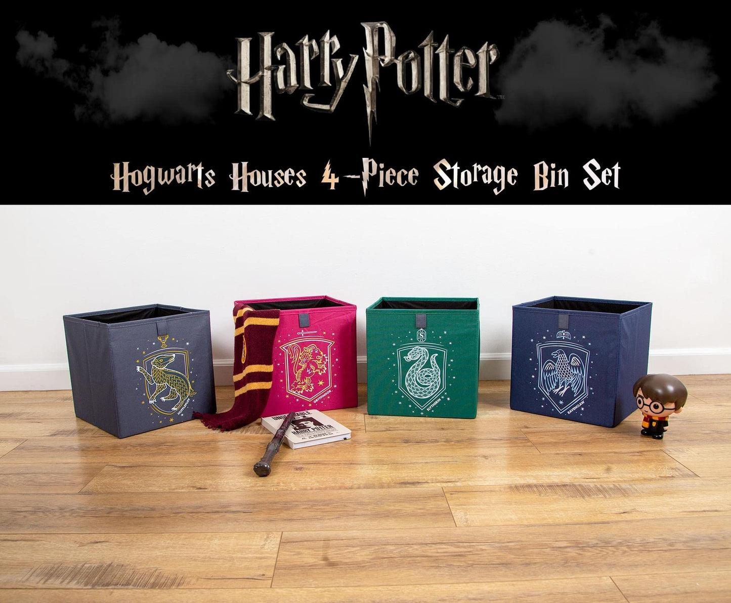 Ukonic Harry Potter Hogwarts Houses 11-Inch Storage Bin Cube Organizers, Set of 4 | Fabric Basket Container, Cubby Cube Closet Organizer | Wizarding…