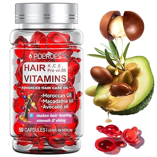POEROES Hair Oil 50 Capsules - Hair Vitamins A C E Pro B5 - Hair Treatment Serum - Hair Serum for Frizzy and Damaged Hair - Argan & Avocado Oil
