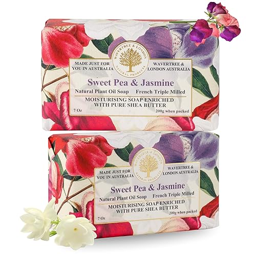 Wavertree & London Sweet Pea & Jasmine Scented Natural Soap (2 Bars), 7oz Moisturizing French Triple Milled Soap Bars enriched with shea butter - Pure