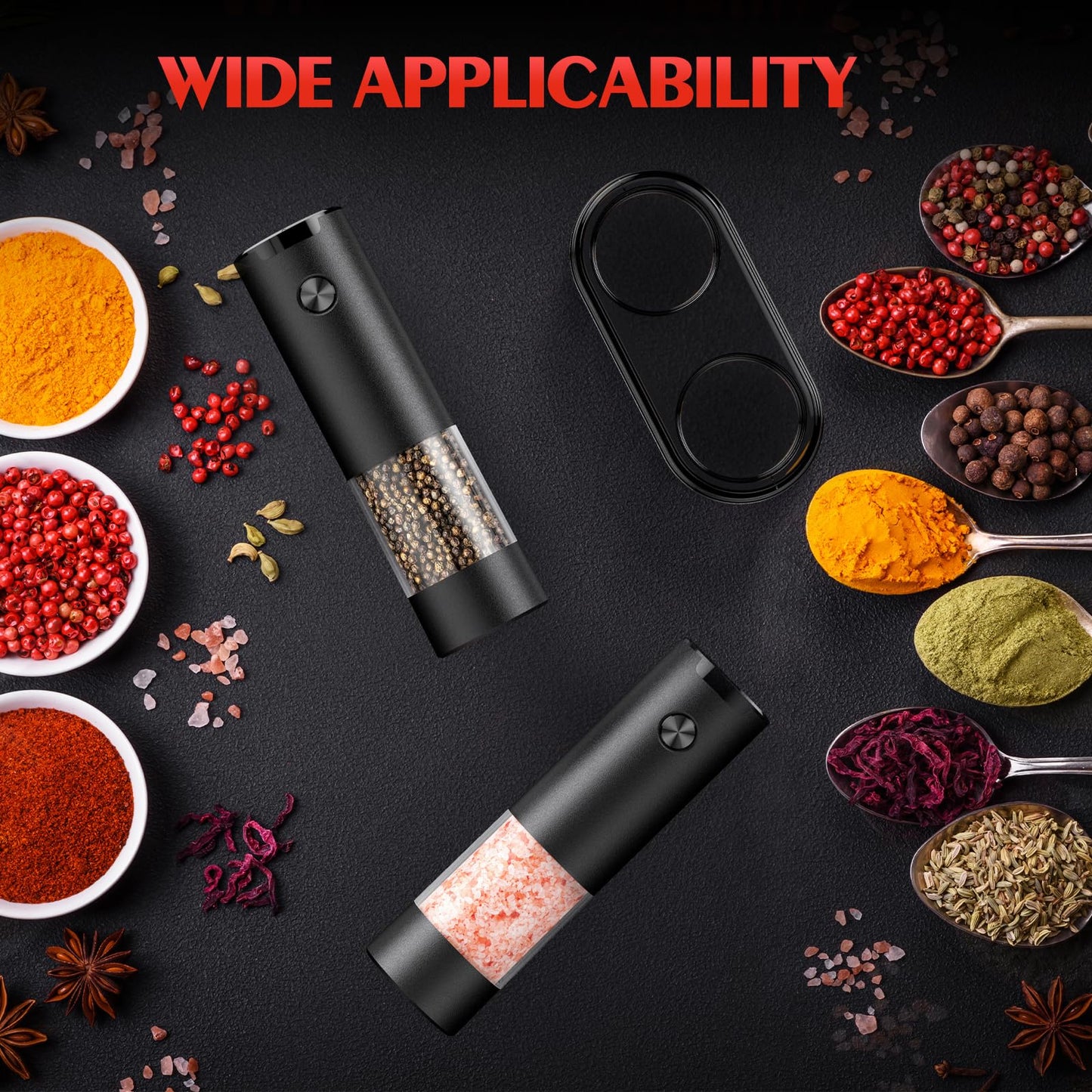 Electric Salt & Pepper Grinder Set, Automatic Battery Operated Mills with Adjustable Coarseness, LED Light & Large Capacity, 2-Pack, Black