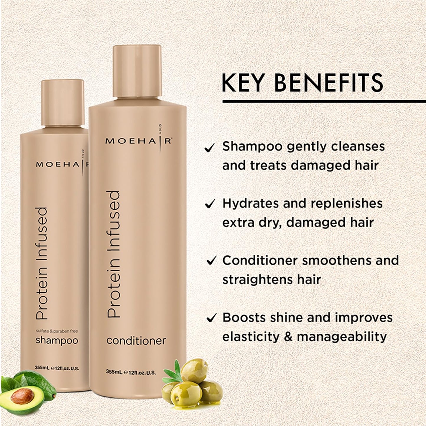 MOEHAIR Protein Infused Shampoo and Conditioner Set for Dry & Damaged Hair | Strengthens Hair Fiber | Sulfate & Paraben Free | Adds Shine, Softens