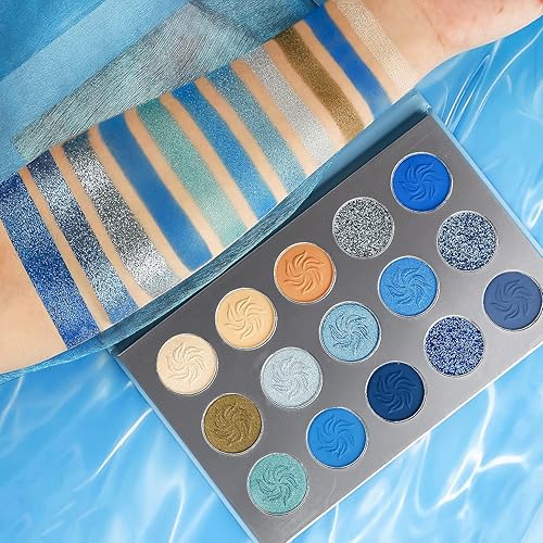 Afflano Blue Eyeshadow Palette Matte Shimmer, Highly Pigmented Waterproof Space Blue Eye Shadow Palette, Silver Navy Glitter Eyeshadow Pallet
