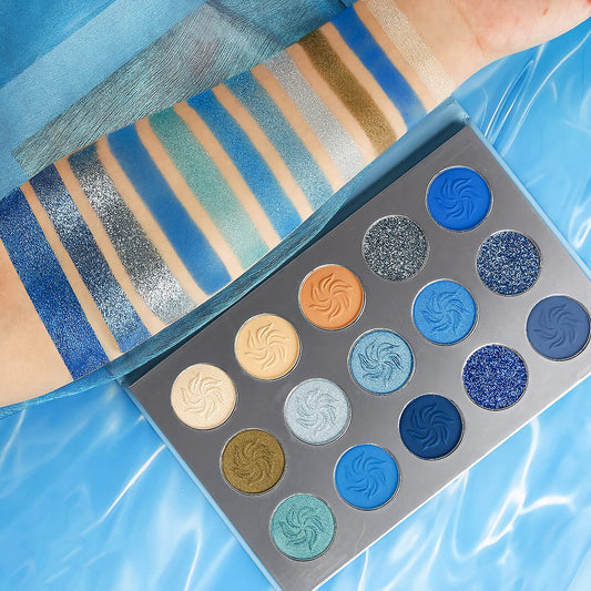 Afflano Blue Eyeshadow Palette Matte Shimmer, Highly Pigmented Waterproof Space Blue Eye Shadow Palette, Silver Navy Glitter Eyeshadow Pallet