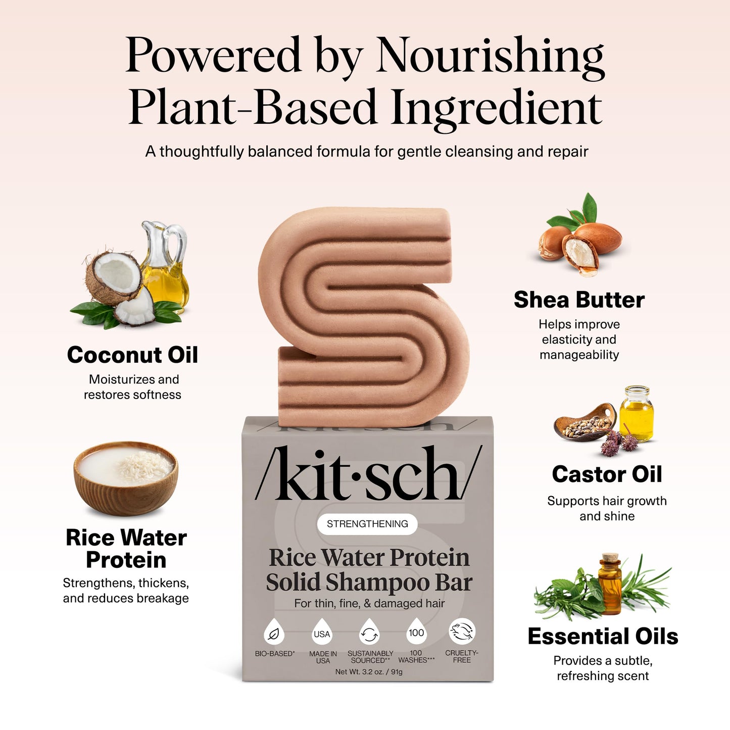 Kitsch Rice Water Shampoo Bar for Hair Growth - Strengthening Hair Shampoo for Men and Women - Reduce Breakage, Boosts Shine - Paraben, Silicone