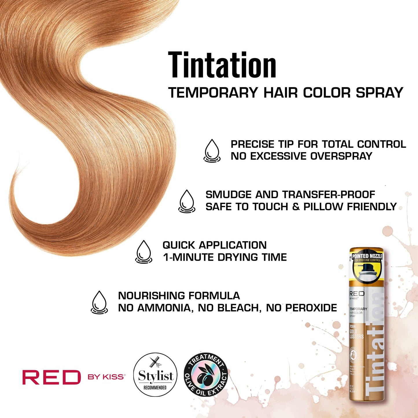 Red by Kiss Tintation Temporary Hair Color Spray 2.82oz, Quick-Dry & Smudge-Proof, Vivid Color Washable Hair Dye, Styling Spray Cosplay Halloween