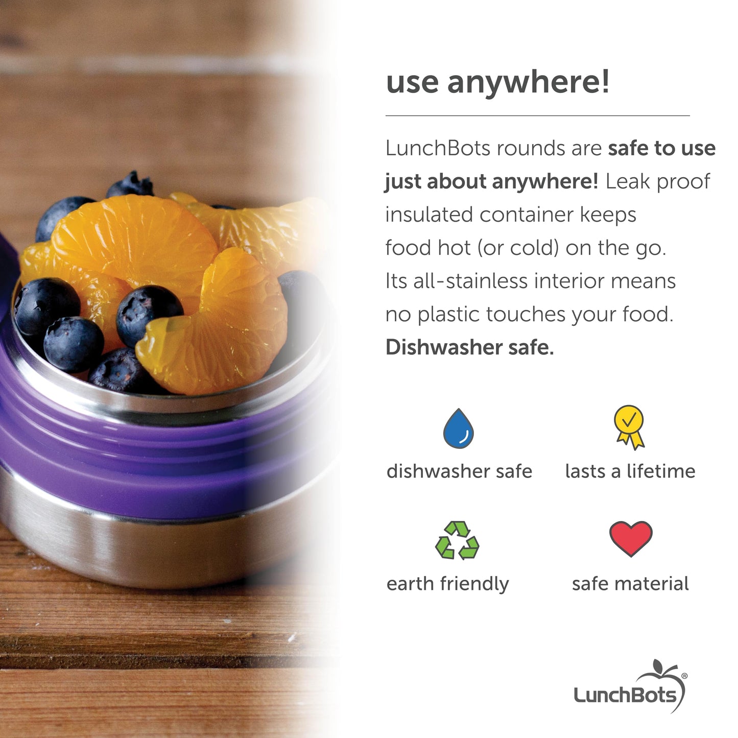 LunchBots Rounds Leak Proof 4 oz. Stainless Snack Container Jar, Set of 2, Blue Lid