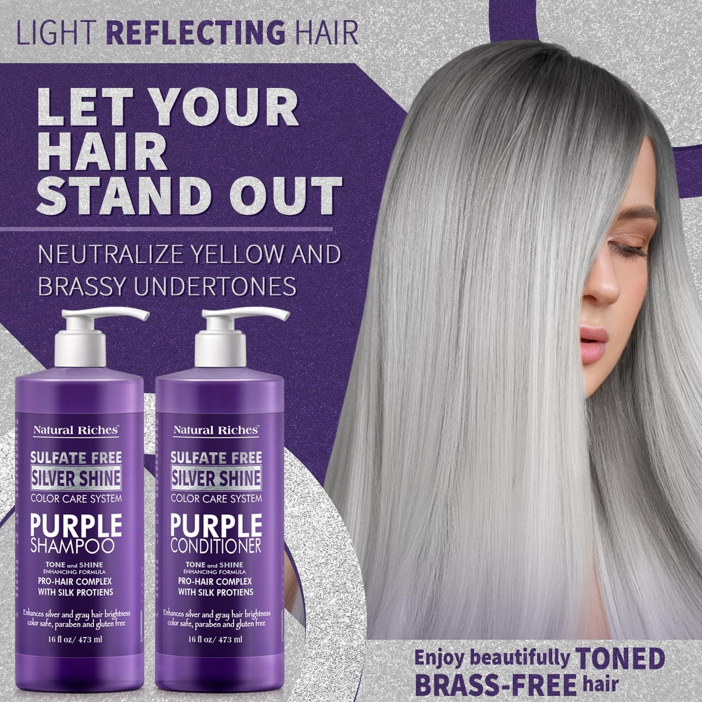 Natural Riches Radiant Silver Shine Purple Shampoo and Conditioner Set for Gray Hair - Paraben-Free and Color Safe - With Silk Proteins, Tones Dull