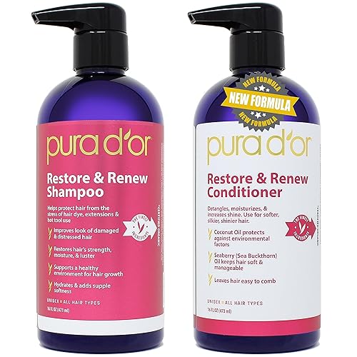 PURA D'OR Restore & Renew Shampoo and Conditioner Set for Strong, Healthy, and Nourished Hair with Organic Aloe Vera, Rosemary, Sea Buckthorn, Cacay