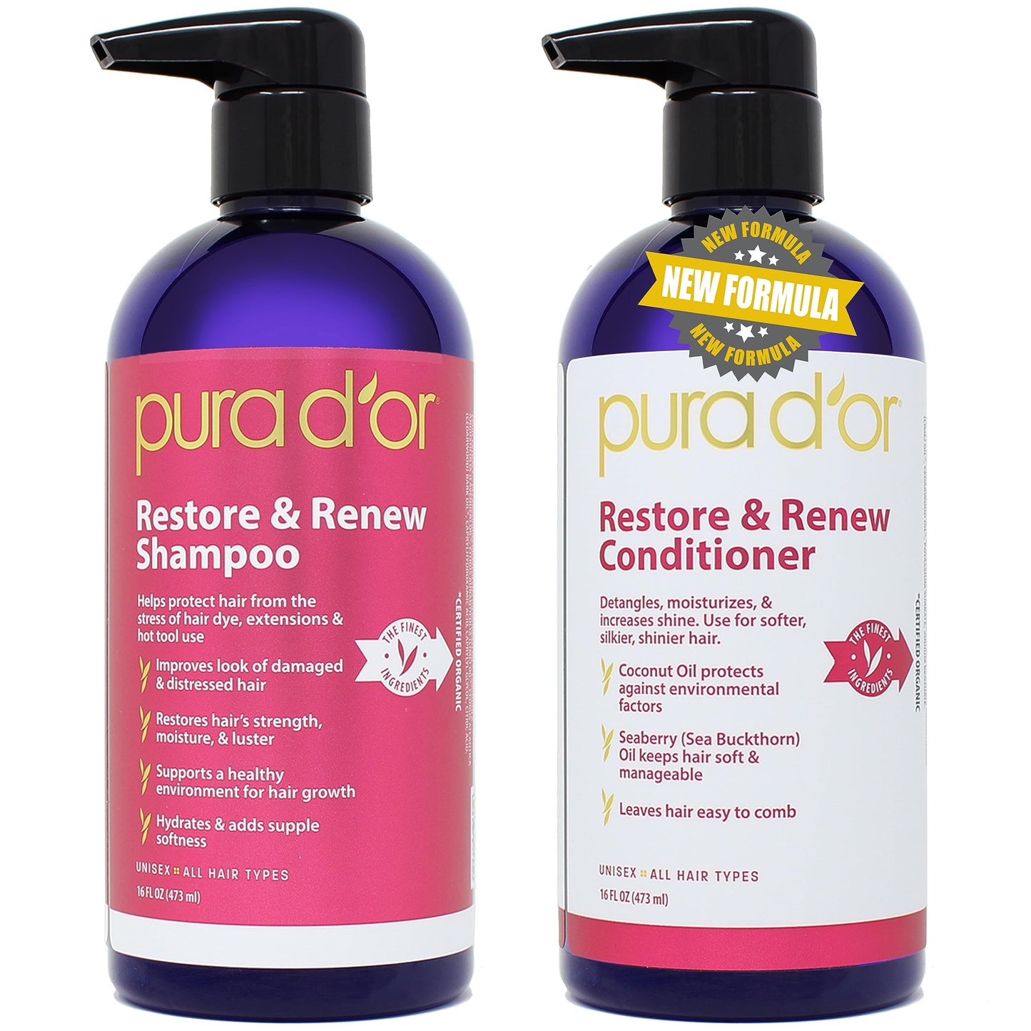 PURA D'OR Restore & Renew Shampoo and Conditioner Set for Strong, Healthy, and Nourished Hair with Organic Aloe Vera, Rosemary, Sea Buckthorn, Cacay
