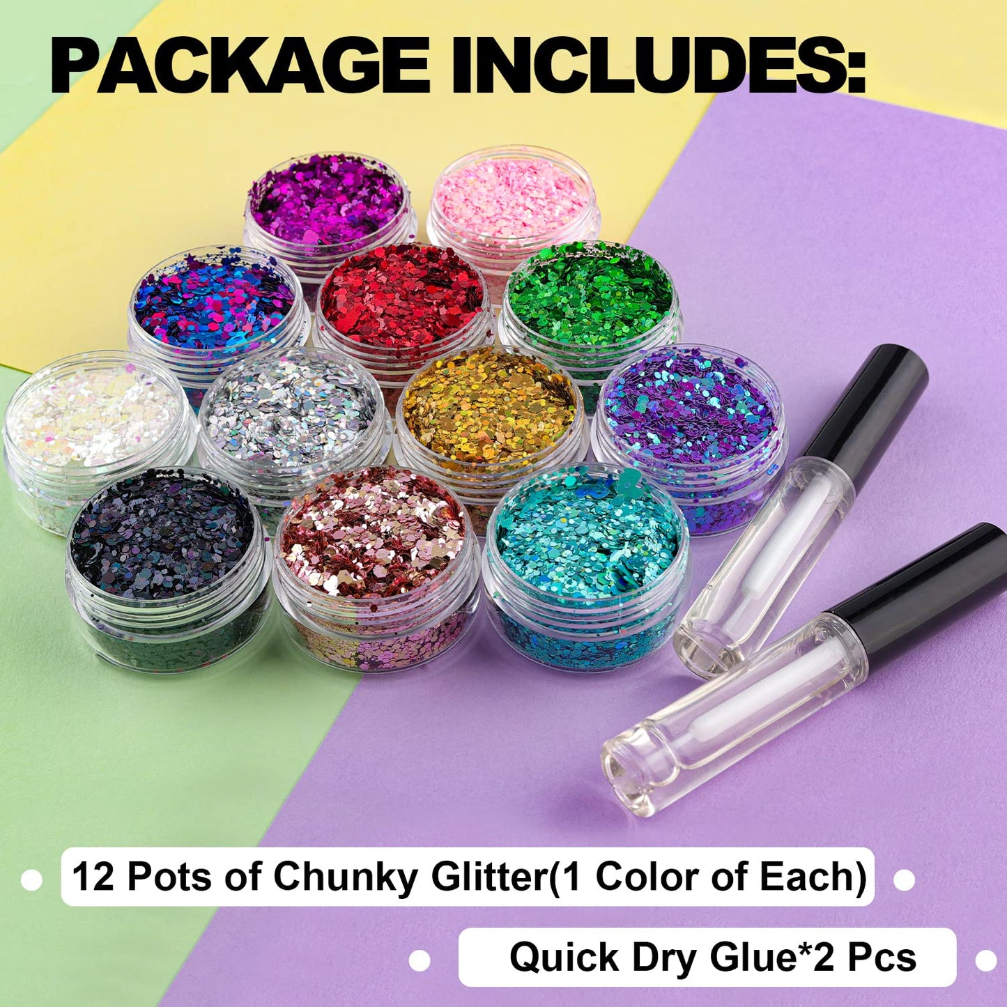 12 Colors of Holographic Chunky Glitter with Quick Dry Glue, 12 Pots Total 120g Multi-Shaped for Body Hair Face Eyes Make-up, Nail Art and Bedazzling